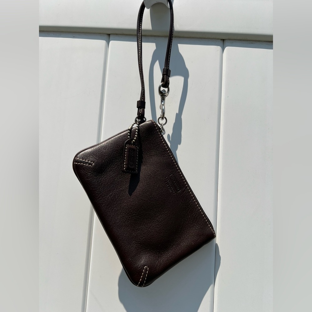 Coach Brown Leather Zip Wristlet With Silver Tone Hardware And Coach Hang Tag